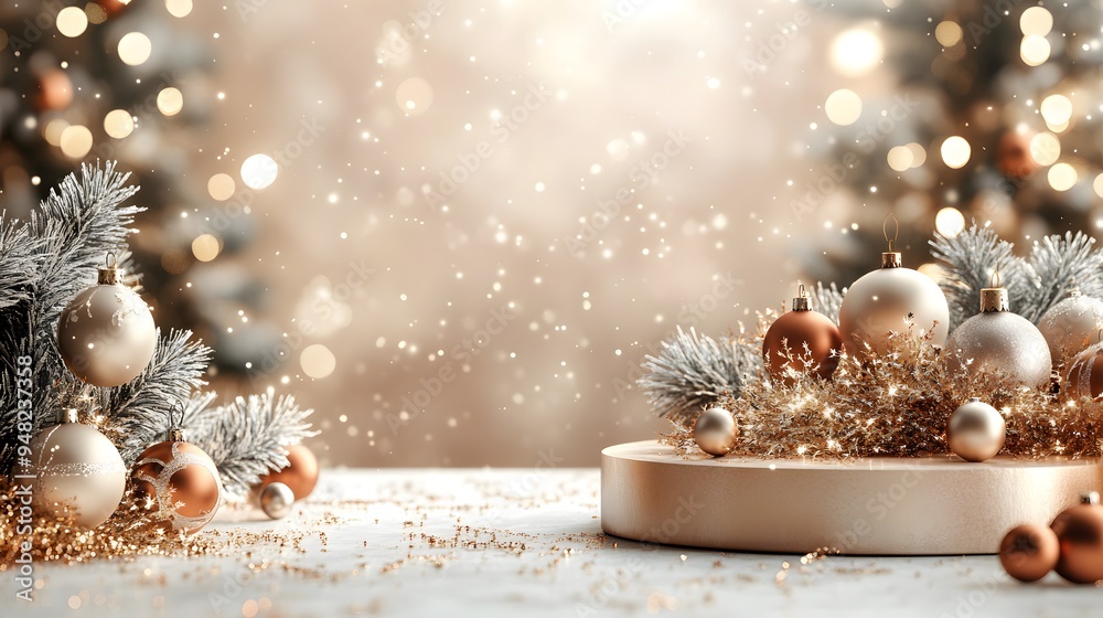 A 3D luxury podium adorned with elegant Christmas decorations, including ornaments and tinsel, set against a festive backdrop with space for high-end products. A 3D luxury podium adorned with elegant Christmas decorations, including ornaments and tinsel, set against a festive backdrop with space for high-end products.
