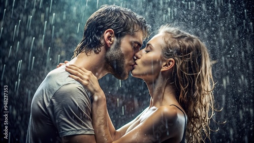 side view of couple kissing under rain, love and romantic vibe