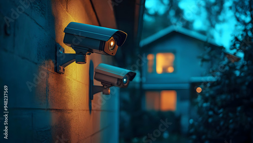 Surveillance cameras illuminated at night, enhancing home security and monitoring in a peaceful neighborhood setting.