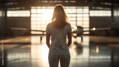 A person stands inside a hangar, backlit by the rising sun, admiring an airplane in the distance, symbolizing dreams and aspirations taking flight.