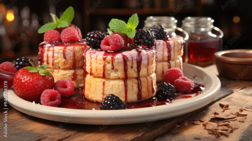 cheesecakes with fresh berries and strawberry with jam syrup, digital cheesecakes with fresh berries and strawberry with jam syrup, digital