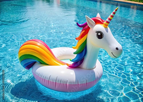 Vibrant inflatable unicorn float features a cheerful smile, radiant rainbow mane, and flowing tail, ideal for adding whimsy and joy to summer pool parties and water adventures. photo