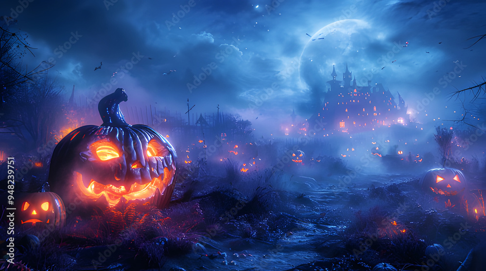 Halloween illustration background with spooky pumpkin jack-o-lanterns at night. Dark abandoned Castle. Realistic clipart pattern. October 31 year. Cultural festival for Europeans. texture abstract. Halloween illustration background with spooky pumpkin jack-o-lanterns at night. Dark abandoned Castle. Realistic clipart pattern. October 31 year. Cultural festival for Europeans. texture abstract.