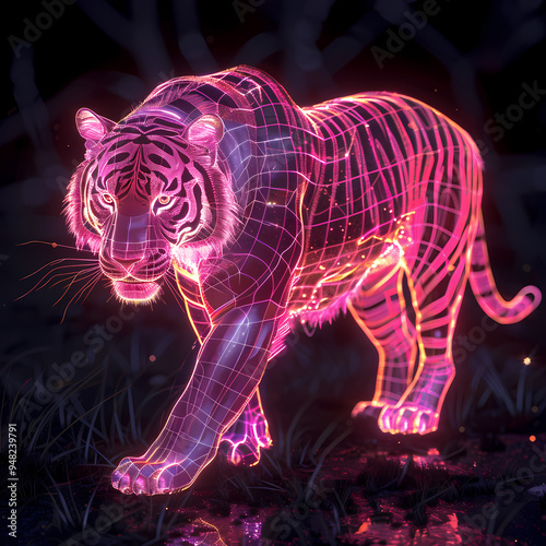 A pink gold glow tiger silhouette in a nightscape, bold outline, energy-charged luminous pointillism, wireframe, tenebrism mastery style, UHD 8k, Unreal Engine 5 on black background