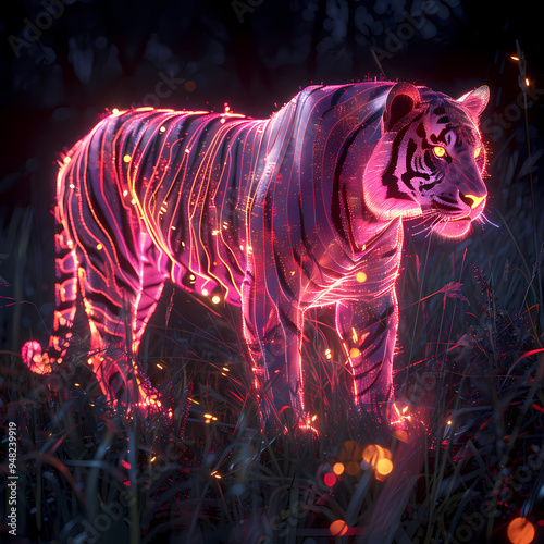 A pink gold glow tiger silhouette in a nightscape, bold outline, energy-charged luminous pointillism, wireframe, tenebrism mastery style, UHD 8k, Unreal Engine 5 on black background