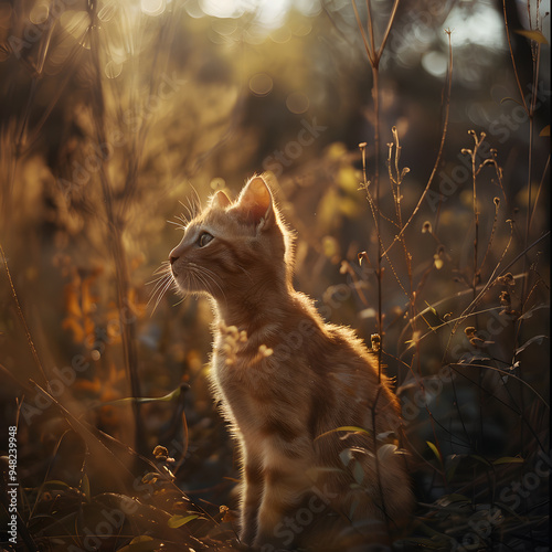 Innocent yellow cat standing in the bushes in nature