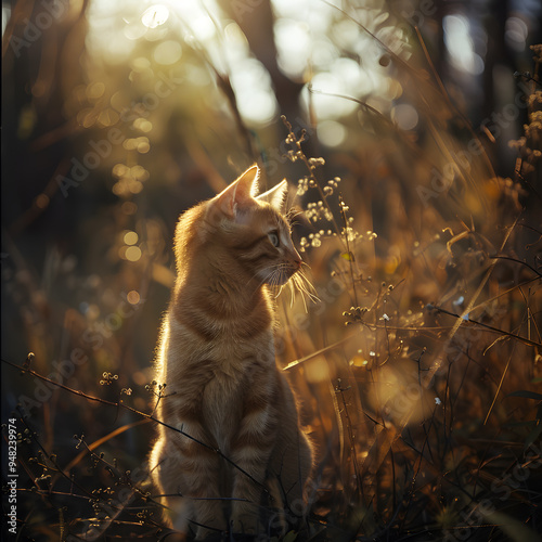 Innocent yellow cat standing in the bushes in nature