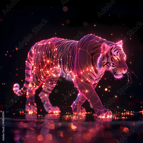 A pink gold glow tiger silhouette in a nightscape, bold outline, energy-charged luminous pointillism, wireframe, tenebrism mastery style, UHD 8k, Unreal Engine 5 on black background