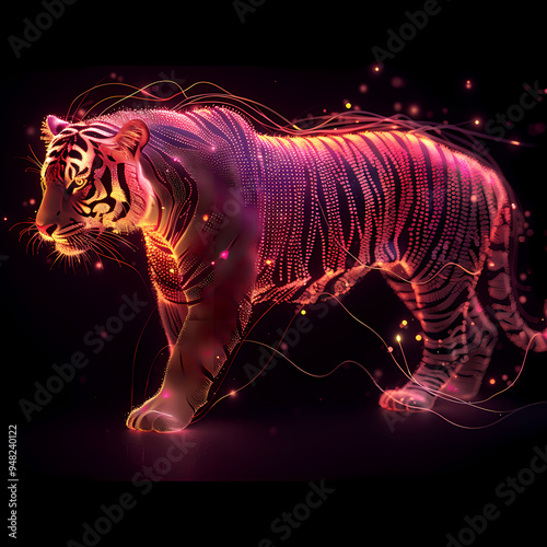 A pink gold glow tiger silhouette in a nightscape, bold outline, energy-charged luminous pointillism, wireframe, tenebrism mastery style, UHD 8k, Unreal Engine 5 on black background
