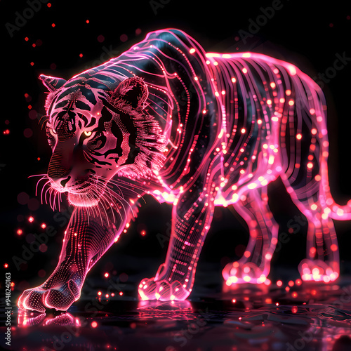 A pink gold glow tiger silhouette in a nightscape, bold outline, energy-charged luminous pointillism, wireframe, tenebrism mastery style, UHD 8k, Unreal Engine 5 on black background