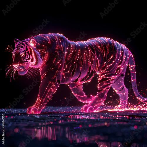 A pink gold glow tiger silhouette in a nightscape, bold outline, energy-charged luminous pointillism, wireframe, tenebrism mastery style, UHD 8k, Unreal Engine 5 on black background