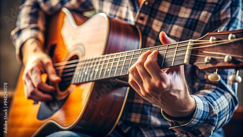 Close-up of the musician's playing hands. The guitarist plays the guitar. Musician plays a acoustic guitar.