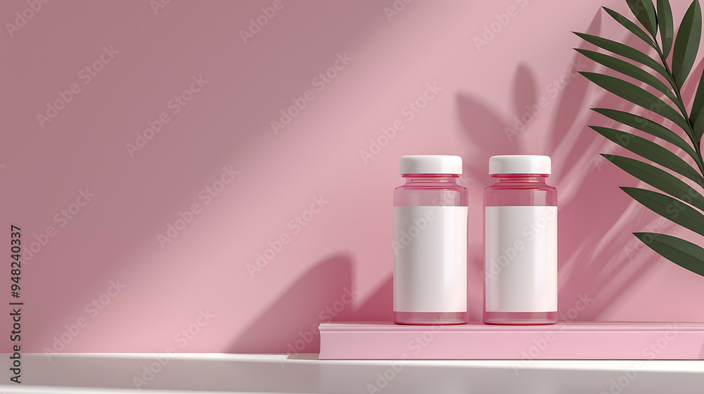 Two pink bottles with white labels on a pink shelf with a palm leaf shadow in the background. Two pink bottles with white labels on a pink shelf with a palm leaf shadow in the background.