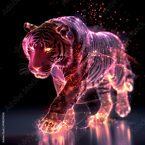 A pink gold glow tiger silhouette in a nightscape, bold outline, energy-charged luminous pointillism, wireframe, tenebrism mastery style, UHD 8k, Unreal Engine 5 on black background