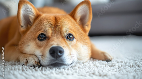 Shiba Inu dog lying on white carpet in stylish apartment, pet, breed, puppy, pet, domestic animal, house, living room, care, light background, floor, cute doggy, red fur, paws