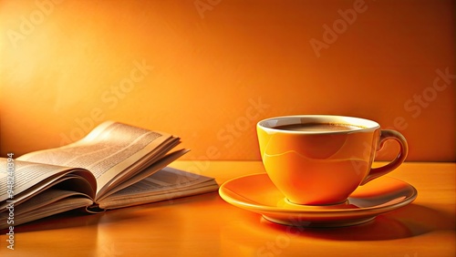 Vibrant orange background highlights a solitary coffee cup paired with an open newspaper, evoking a sense of focus and tranquility in a bold morning scene.