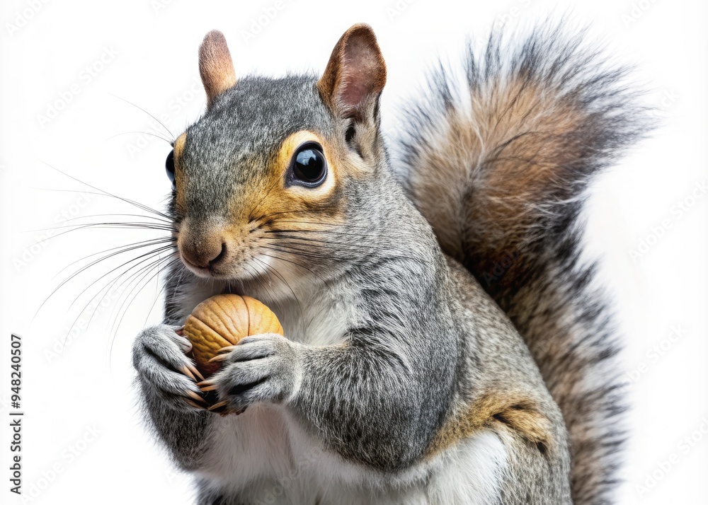 Adorable eastern grey squirrel holding a nut in its tiny paws, looking up with big round eyes, isolated on a transparent background, ready to eat. Adorable eastern grey squirrel holding a nut in its tiny paws, looking up with big round eyes, isolated on a transparent background, ready to eat.