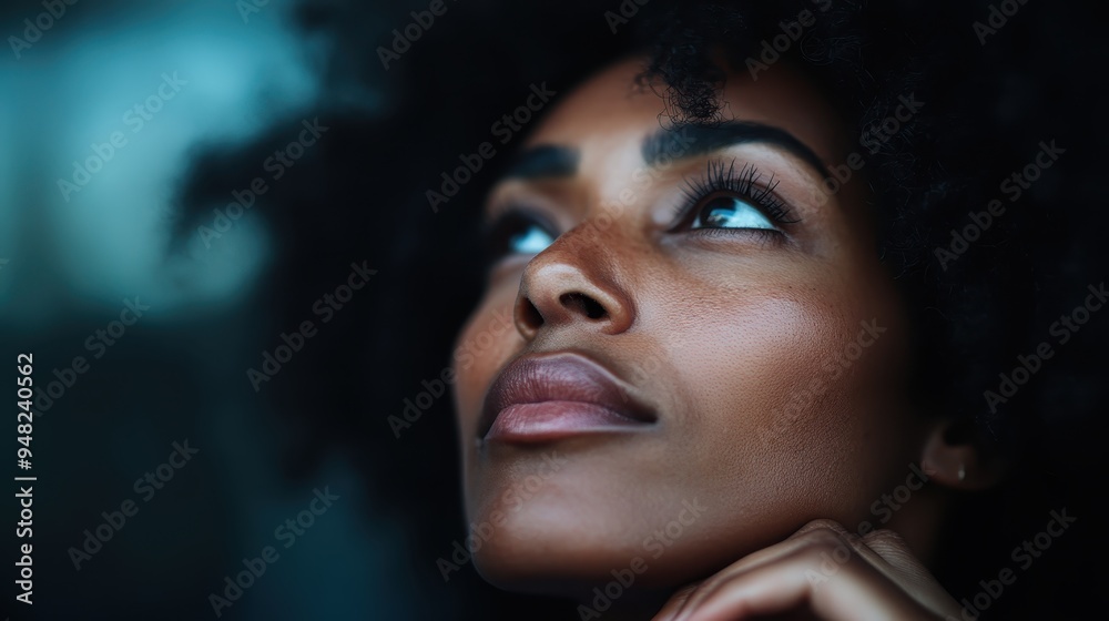 A close-up of a woman with dark curly hair looking upwards with a thoughtful expression, capturing a moment of introspection, against a softly blurred background. A close-up of a woman with dark curly hair looking upwards with a thoughtful expression, capturing a moment of introspection, against a softly blurred background.