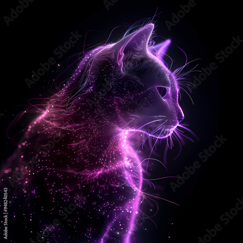 A purple glow cat silhouette in a nightscape, bold outline, energy-charged luminous pointillism, wireframe, tenebrism mastery style, UHD 8k, Unreal Engine 5 on black background