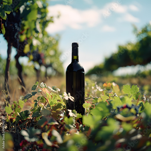 wine bottle in vineyard, landscape with sunlight poster