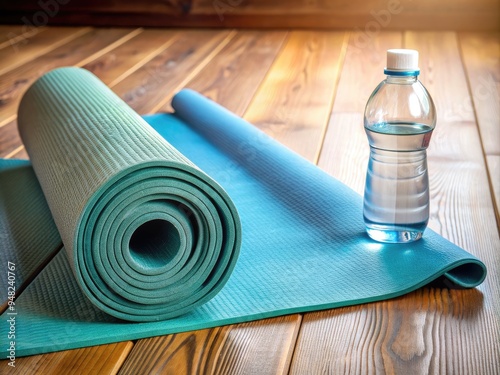 A neatly rolled-up yoga mat lies beside a refreshing bottle of water on a natural wood floor, evoking a sense of serenity and post-workout relaxation. photo