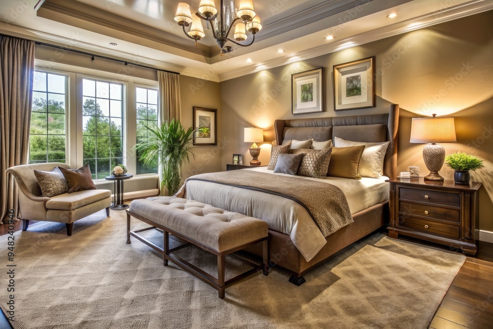Obraz premium Soothing luxury bedroom with calming earthy tones, plush carpet, and elegant furnishings, creating a serene atmosphere ideal for restful slumber and relaxation.