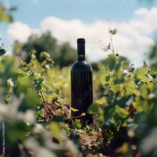 wine bottle in vineyard, landscape with sunlight poster