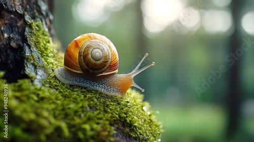 Close-up of a snail slowly crawling on a moss-covered tree branch, soft natural lighting, dew drops glistening, blurred forest background, earthy color palette.