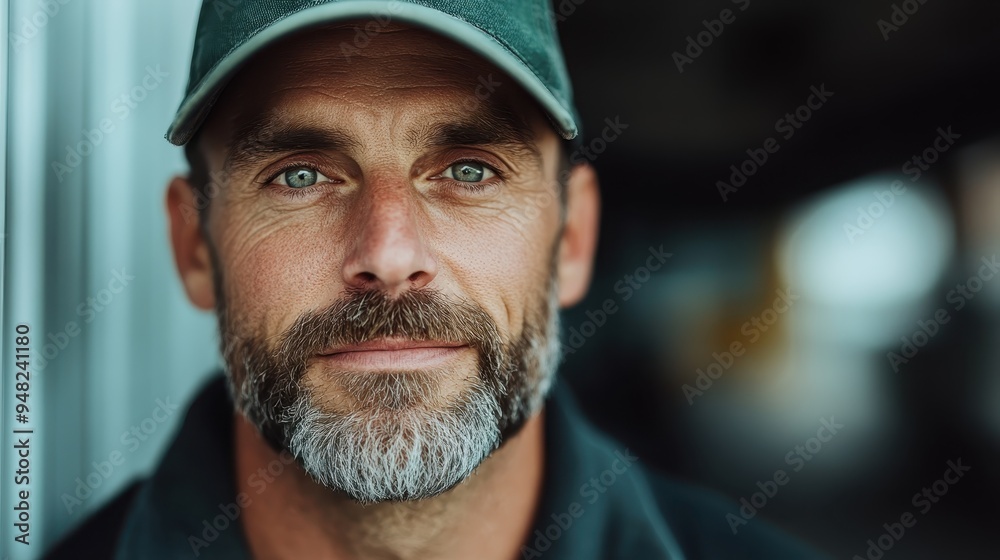 A man with a trimmed beard and piercing blue eyes, wearing a green cap and a casual outfit, looking directly ahead with an intense yet calm expression. A man with a trimmed beard and piercing blue eyes, wearing a green cap and a casual outfit, looking directly ahead with an intense yet calm expression.