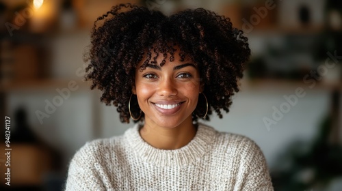 A young woman with beautiful curly hair and hoop earrings, smiling warmly while wearing a cozy knitted sweater indoors, exuding warmth and friendliness.