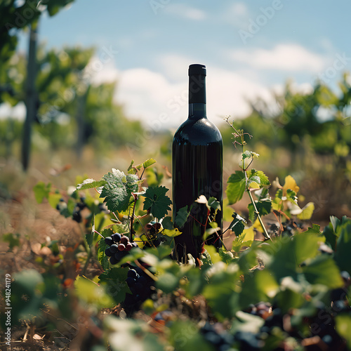 wine bottle in vineyard, landscape with sunlight poster