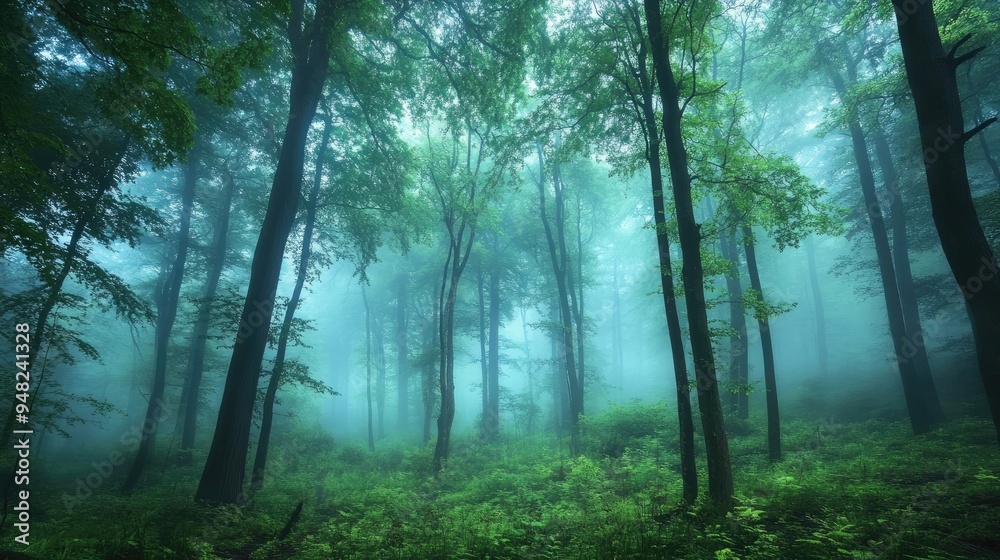 Foggy forest with a mystical glow, where the dense fog and towering trees create an atmosphere of enchantment and mystery.