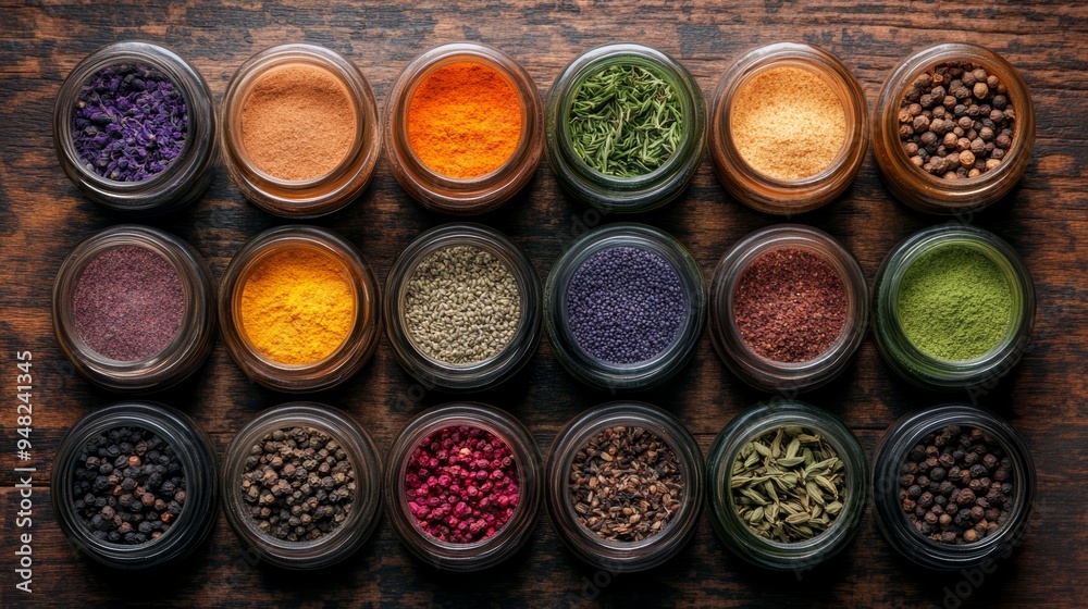 A vibrant collection of colorful spice jars arranged on a rustic wooden surface, showcasing rich textures and earthy tones. A vibrant collection of colorful spice jars arranged on a rustic wooden surface, showcasing rich textures and earthy tones.