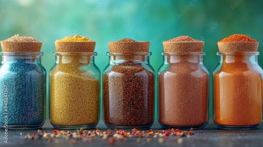 A vibrant collection of colorful spices in glass jars, perfect for adding flavor and texture to culinary creations.