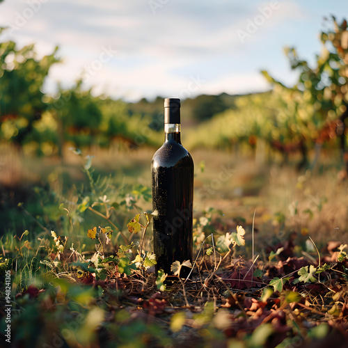 wine bottle in vineyard, landscape with sunlight poster