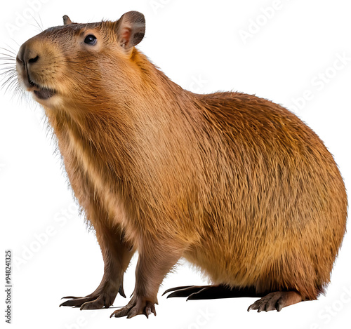 A large brown capybara sitting alertly, looking off to the side. Isolated on a white background, ideal for educational materials, wildlife publications, or humorous content due to their memetic popula photo