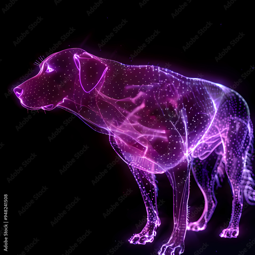 A purple glow dog silhouette in a nightscape, bold outline, energy-charged luminous pointillism, wireframe, tenebrism mastery style, UHD 8k, Unreal Engine 5 on black background A purple glow dog silhouette in a nightscape, bold outline, energy-charged luminous pointillism, wireframe, tenebrism mastery style, UHD 8k, Unreal Engine 5 on black background