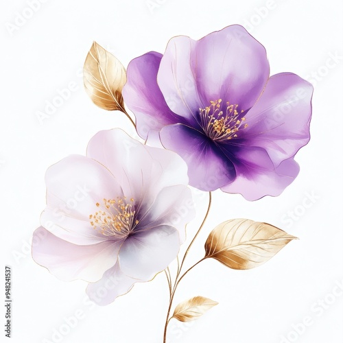 Two large, vibrant purple and white flowers with golden leaves on the stem