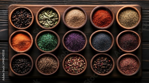 A vibrant display of various spices and herbs in wooden bowls, showcasing rich colors and textures for culinary inspiration.