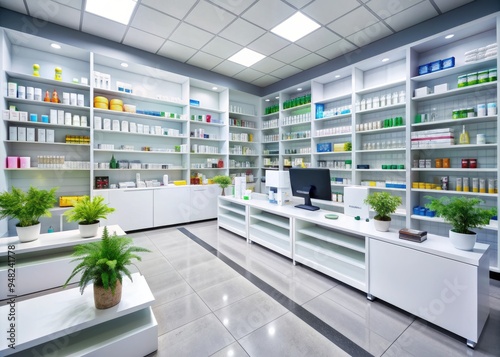 Sleek, well-organized pharmacy with rows of medications, high-tech equipment, and a knowledgeable staff providing efficient prescription services in a clean, modern environment. photo