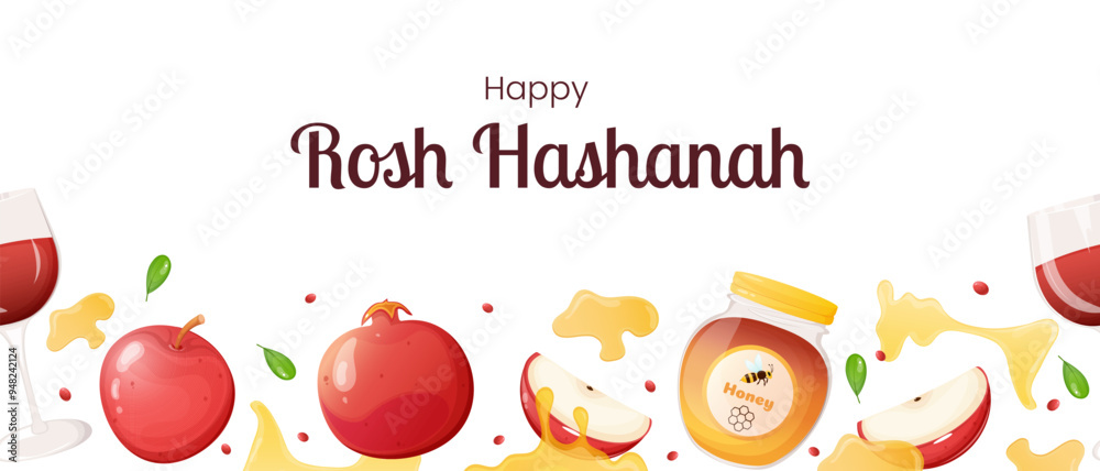 Rosh Hashanah seamless border with apple, pomegranate, wine, honey. Jewish New Year banner. Rosh Hashanah seamless border with apple, pomegranate, wine, honey. Jewish New Year banner.