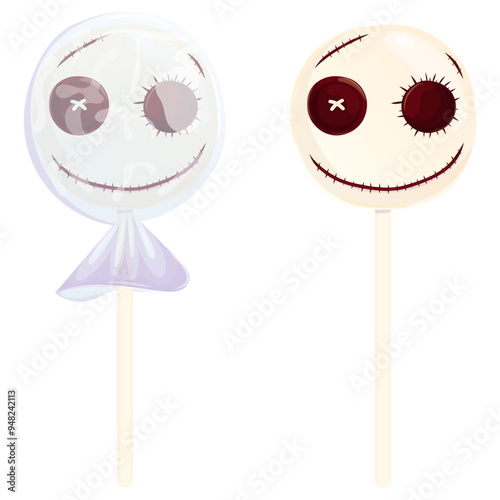 Halloween lollipop in voodoo doll shape isolated on white. Scary candy illustration. Trick or treat.