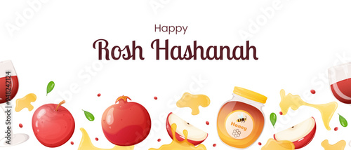 Rosh Hashanah seamless border with apple, pomegranate, wine, honey. Jewish New Year banner.