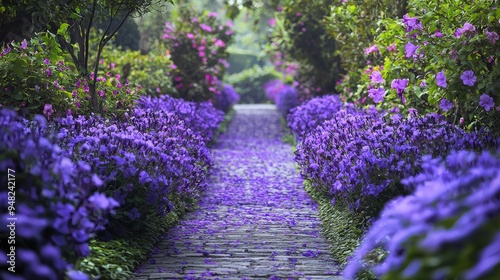 A rich purple garden path surrounded by purple flowers, harmonizing the color throughout photo