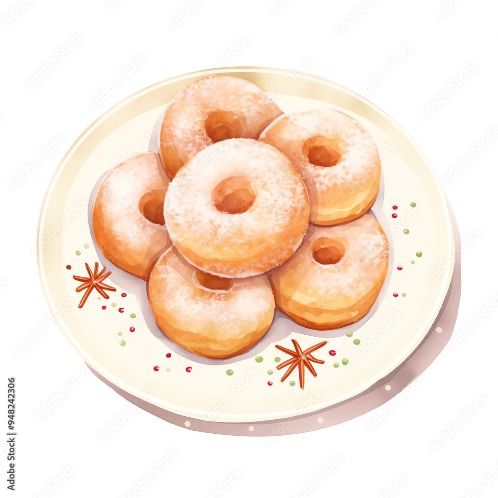 A plate of sugar-coated donuts arranged artfully on a white plate with decorative elements, perfect for a food photography shoot. A plate of sugar-coated donuts arranged artfully on a white plate with decorative elements, perfect for a food photography shoot.