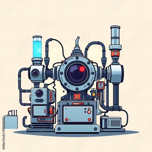 illustration of a machine with a large lens and a pipe.