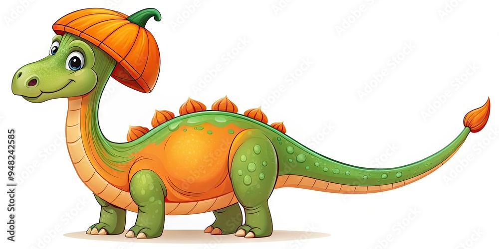 Fototapeta premium Adorable illustrated brontosaurus dinosaur wears a bright orange pumpkin costume with green stem hat, perfect for festive Halloween designs and autumn celebrations.