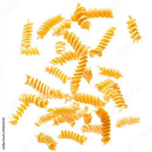 Close up of Falling raw Fusilli, Rotini, uncooked Italian Pasta, isolated on white background 