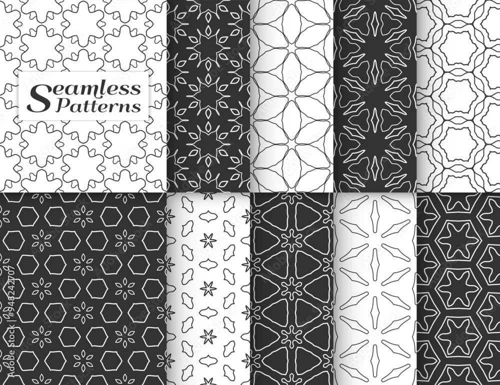 Seamless pattern set in arabic style. Stylish black and white graphic, geometric linear background. Line art texture for wallpaper, card, invitation, banner, fabric print. Ethnic ornament, vector Seamless pattern set in arabic style. Stylish black and white graphic, geometric linear background. Line art texture for wallpaper, card, invitation, banner, fabric print. Ethnic ornament, vector