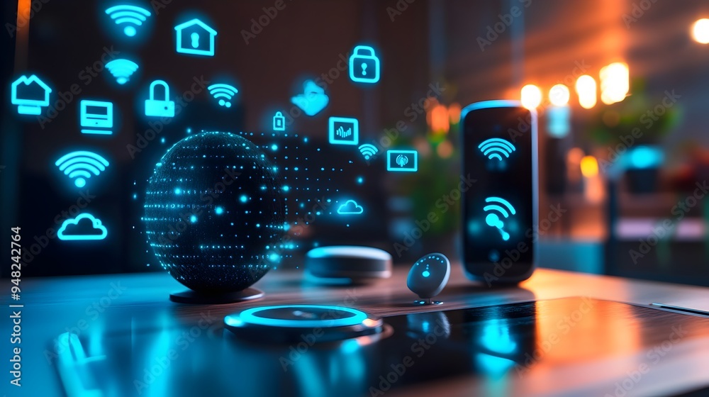 Fototapeta premium A modern smart home assistant managing and commanding a variety of interconnected IoT devices through seamless voice control showcasing the convenience and efficiency of a connected home ecosystem